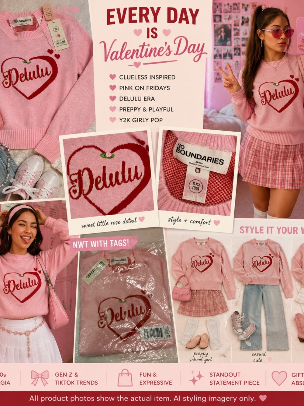 NWT No Boundaries Delulu Heart Sweater XXS Pink Y2K Preppy Girly clueless style